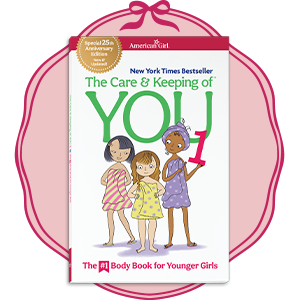 'The Care & Keeping of You' book from American Girl illustration with pink circular background framing the book.
