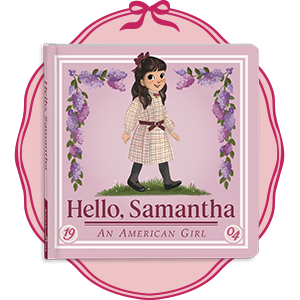 'Hello Samantha' book from American Girl illustration with pink circular background framing the book.