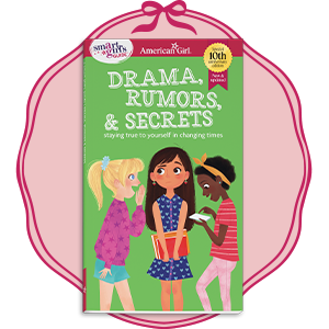 'Drama, Rumors, & Secrets' book from American Girl illustration with pink circular background framing the book.