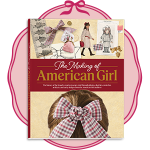 'The Making of American Girl' book from American Girl illustration with pink circular background framing the book.