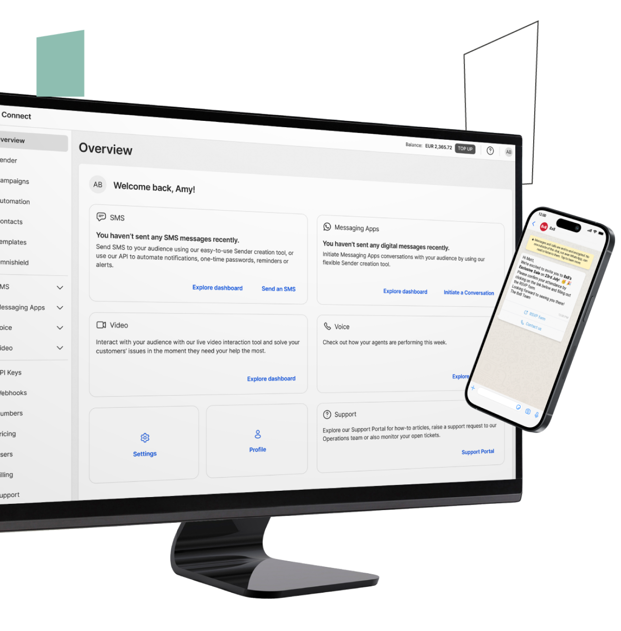 8x8 CPaaS Omnichannel Messaging interface displayed on desktop and smartphone