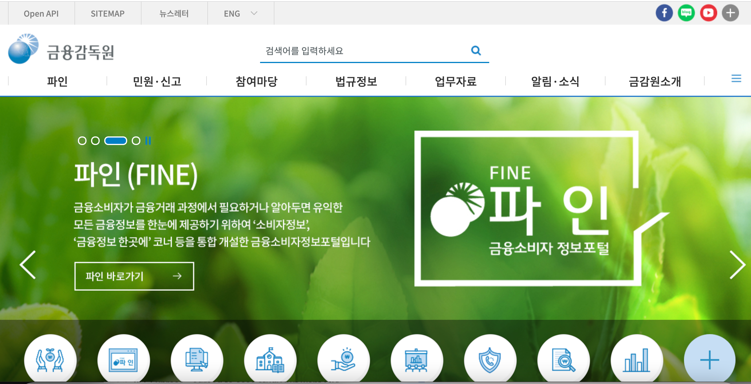 Homepage of the Korean Financial Supervisory Service website in Korean