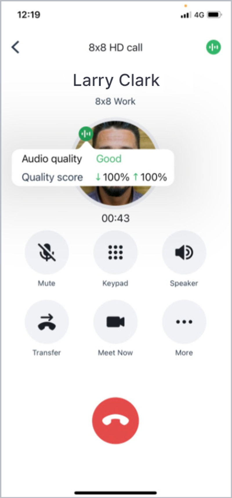 8x8 Work call user experience highlighting the call quality indicator