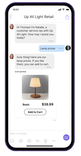 A phone screen showing a chat with a customer service professional