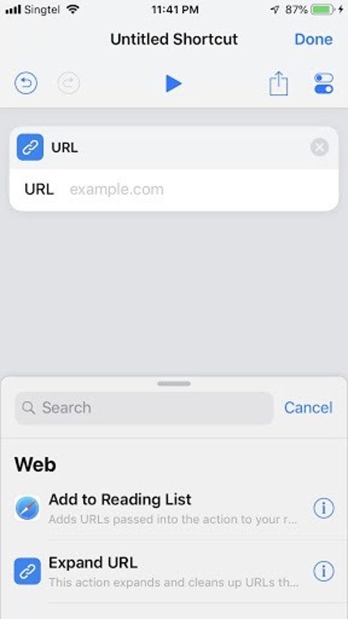 Screenshot of step two of creating a shortcut - Select the URL action
