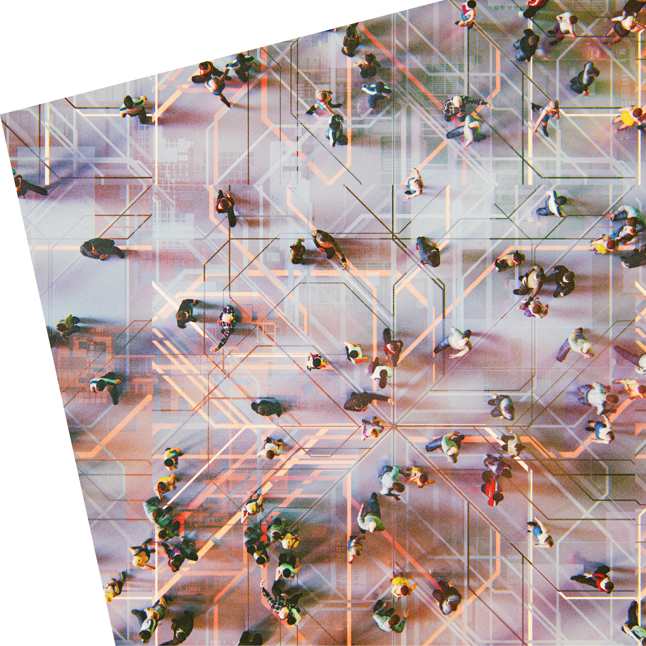 Top-down view of a large crowd of people walking across a digitally enhanced surface featuring abstract circuit-like patterns. The left side includes graphic design elements in purple and green, along with the 8x8 logo, suggesting themes of connectivity, digital networks, and modern communication infrastructure.