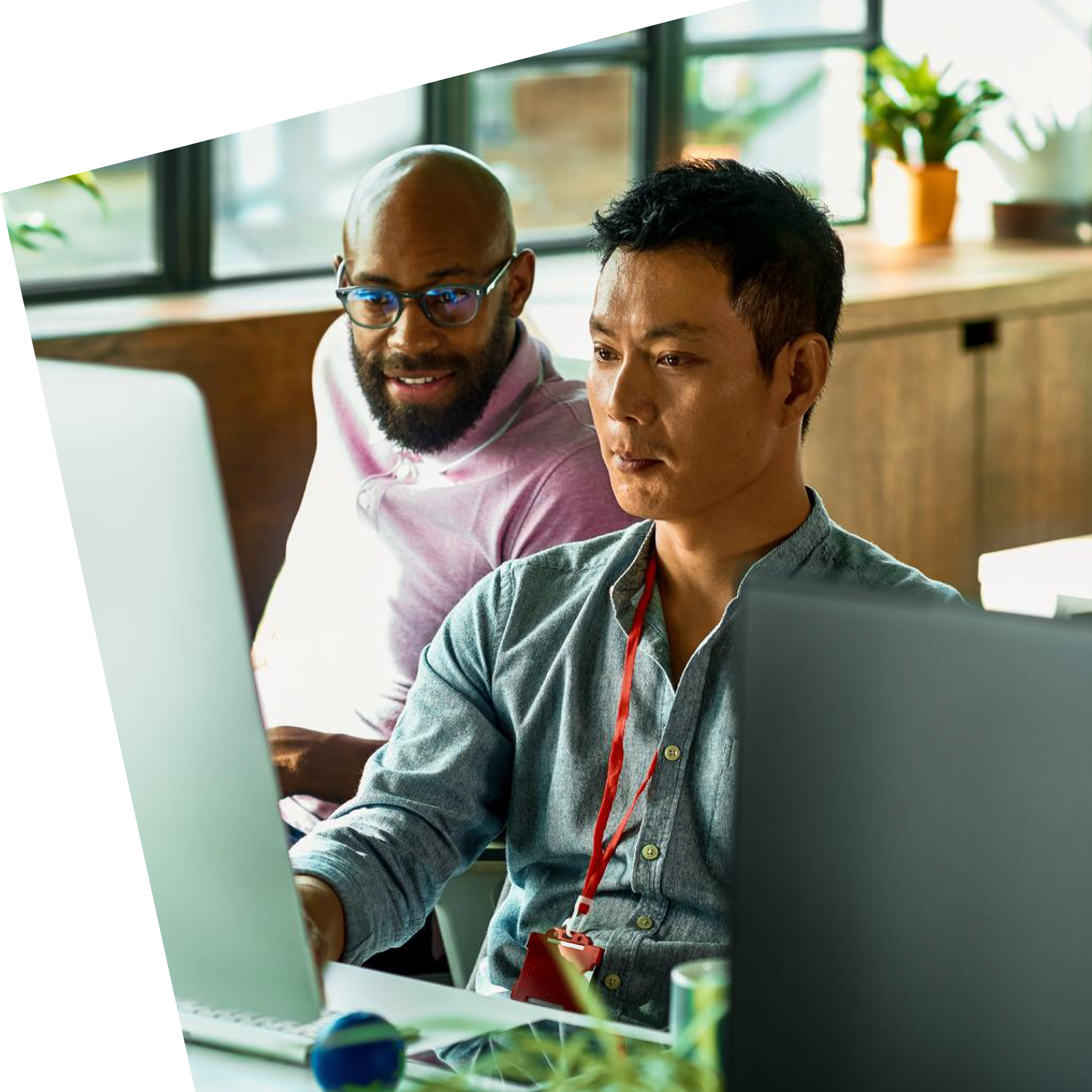 Two men work intently at a computer in a bright office. One wears glasses and smiles, the other focuses on the screen. A plant is in the background.
