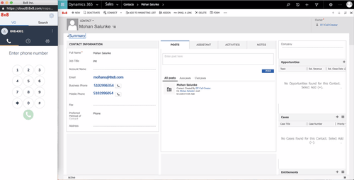 A screenshot showing 8x8 contact center integration with Microsoft Dynamics 365