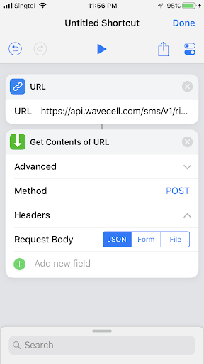 Screenshot of step two of creating a shortcut - Add another action by searching for "Get contents of URL"