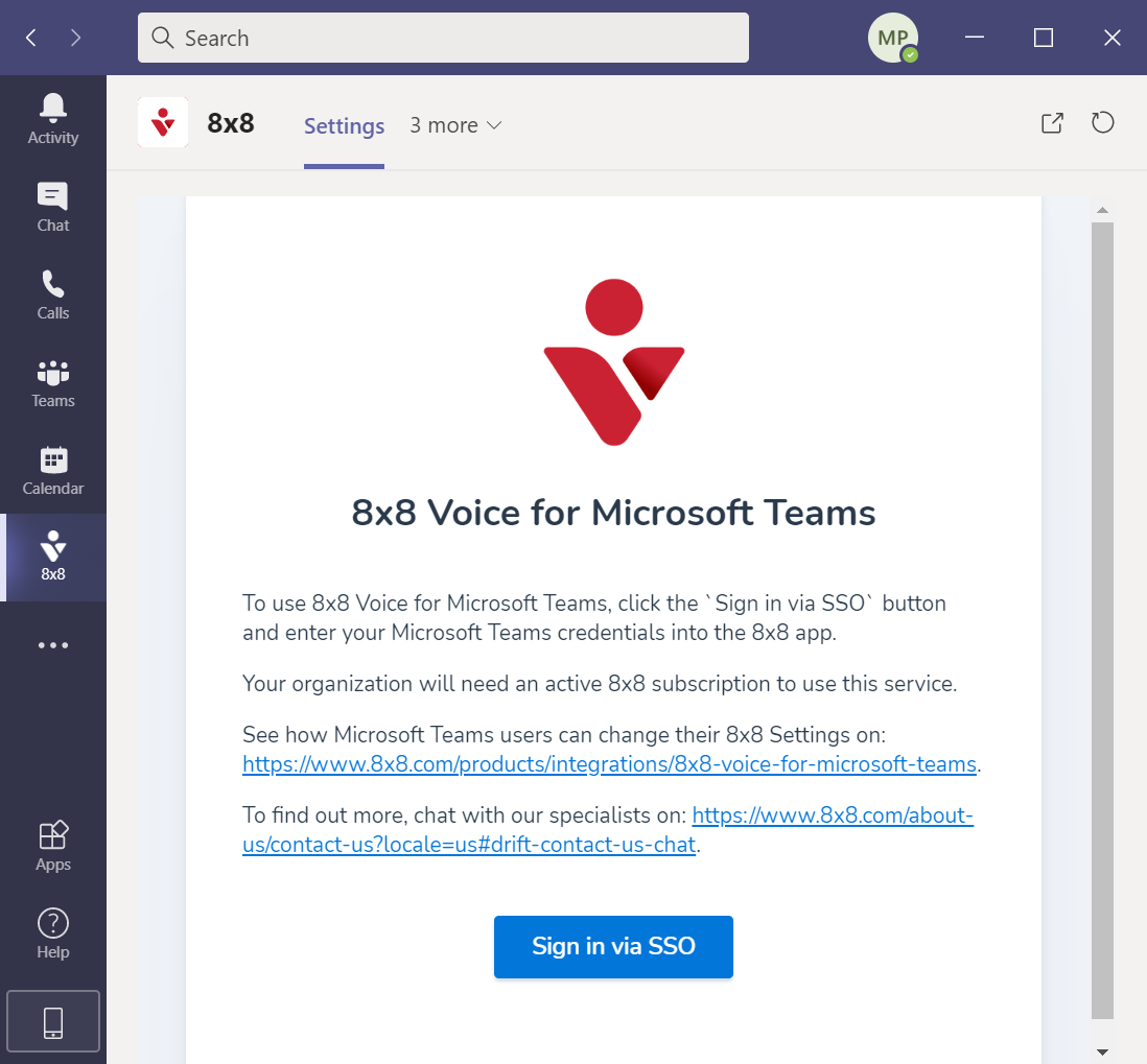 Screenshot: 8x8 Voice for Microsoft Teams