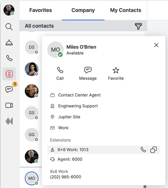Contact card displays both extensions
