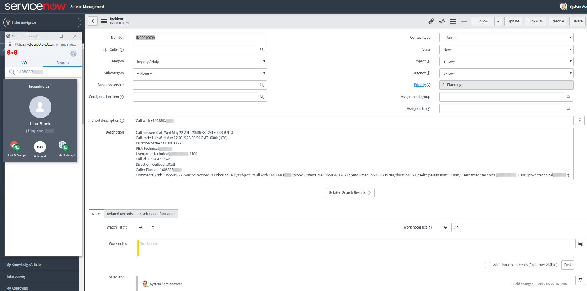 Screenshot of 8x8 integration with Zendesk