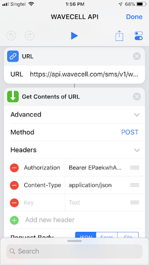 Screenshot of step two of creating a shortcut - Under Advanced, select POST as your Method