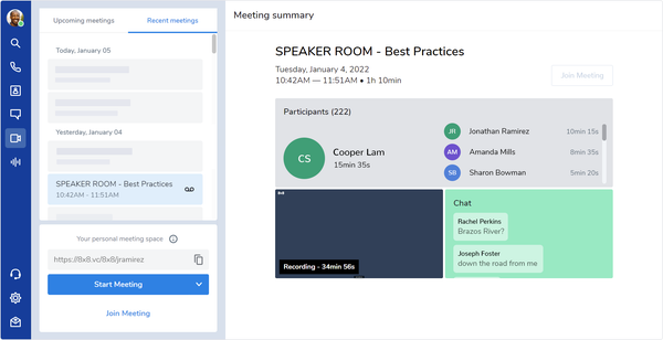 Screenshot of 8x8 video meeting summary on Work user interface