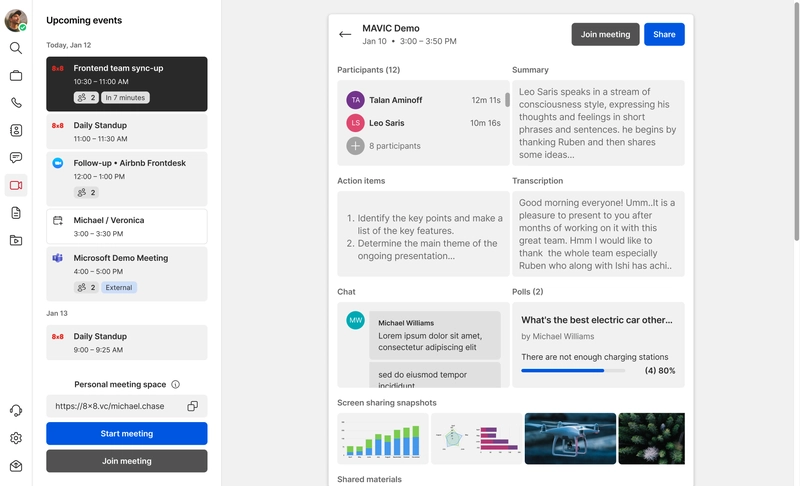 Upcoming and current meetings dashboard with details of a "MAVIC Demo" event. Includes participants, agenda, chat, polls, and screen snapshots. Professional tone.