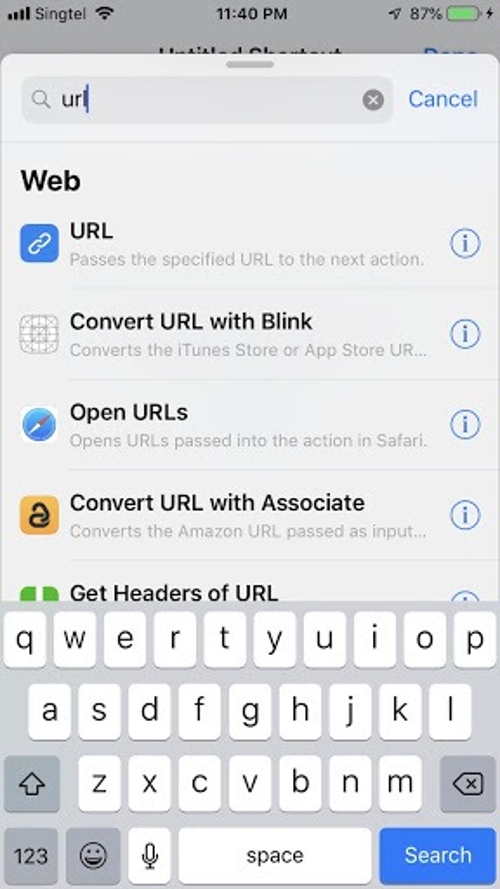 Screenshot of step one of creating a shortcut - Search for "URL"