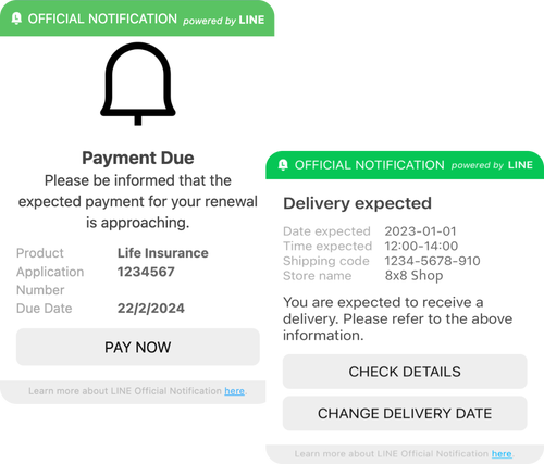 Examples of LINE notifications on payment due and delivery expected