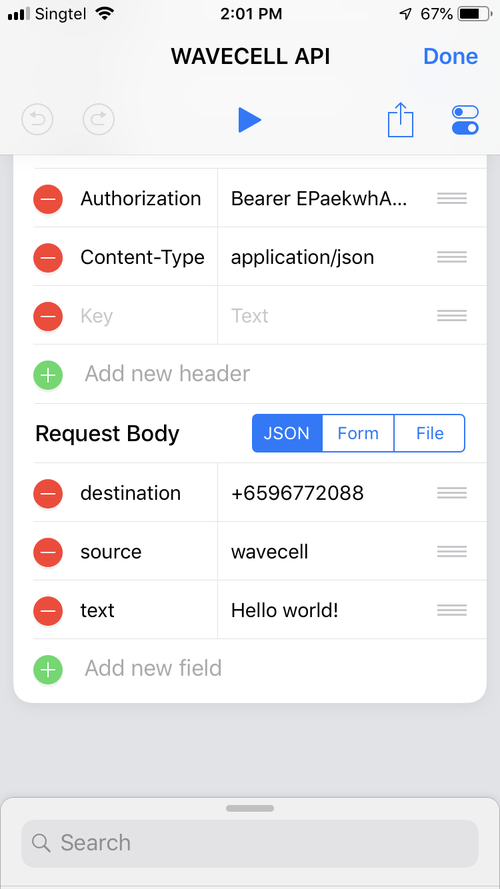 Screenshot of step three of creating a shortcut - Add request body