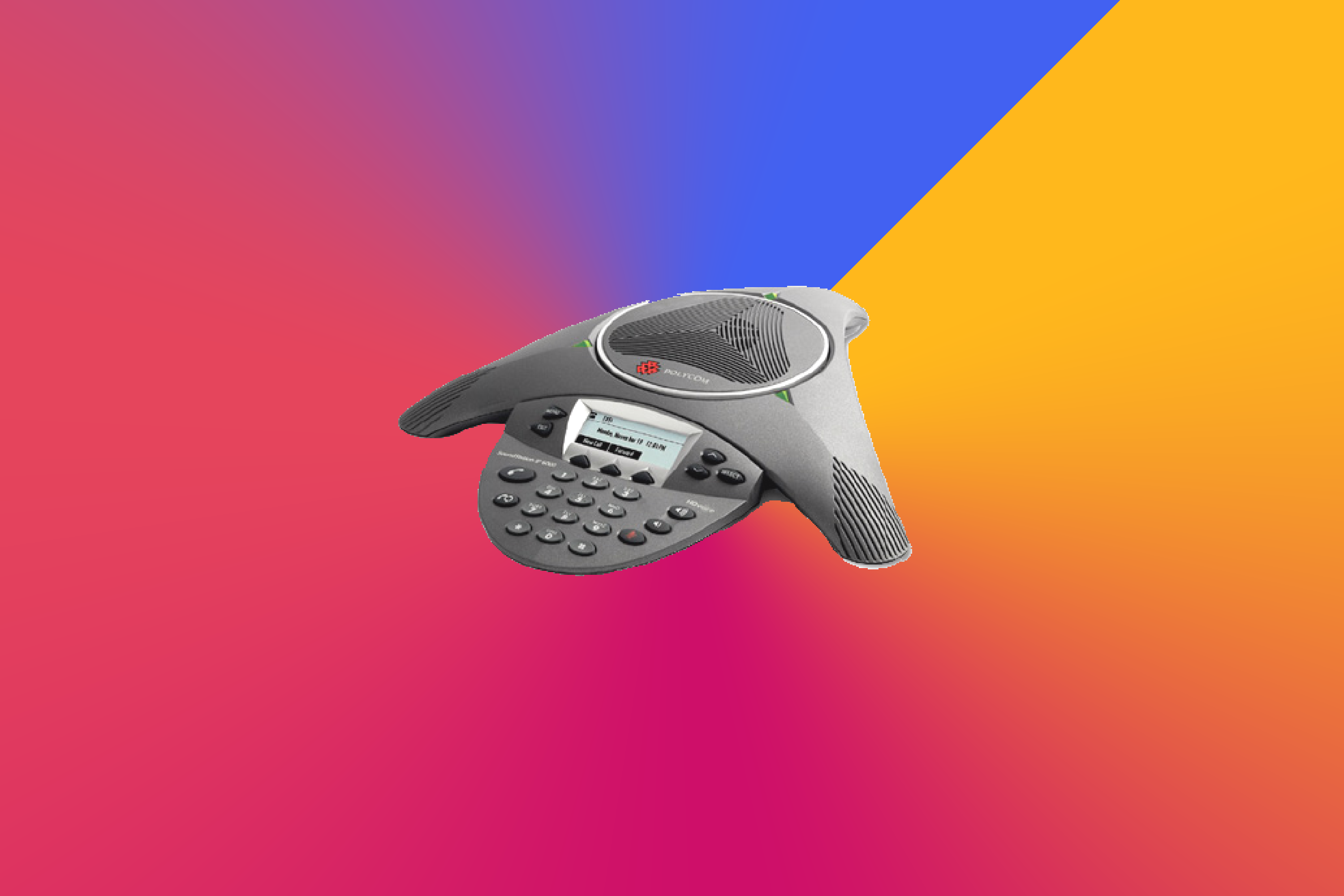 Image of a Poly Soundstation 6000 VoIP conference phone with a colorful background