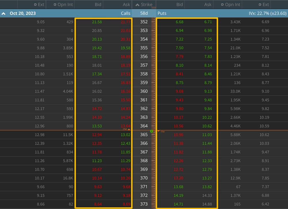 tastytrade Platform Showing Puts and Calls