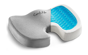 A display of the ComfiLife Gel Enhanced Seat Cushion shows the interior of the product consists a foam base with a thin gel layer on the top of the cushion. The grey cushion cover is then layered on top of the foam and gel.