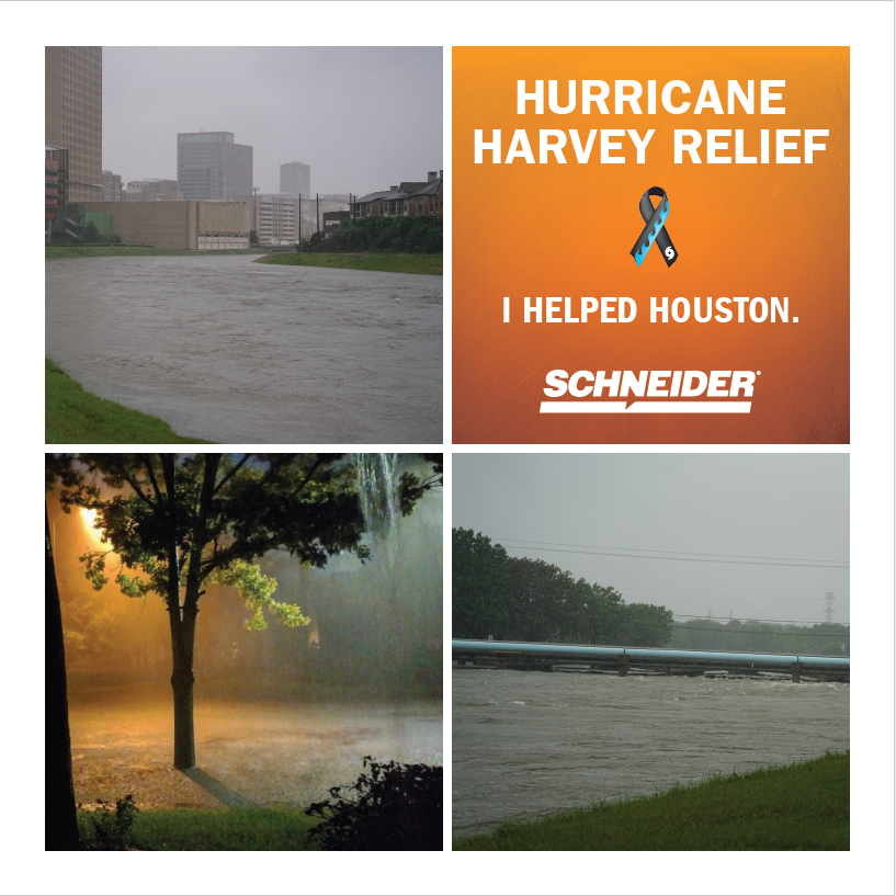 Hurricane Harvey Relief fundraiser card proclaims "I helped Houston" alongside images of the city flooded during the storm.