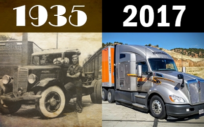Al Schneider and his first Schneider truck in 1935 shown alongside the latest 2017 line of Schneider trucks.