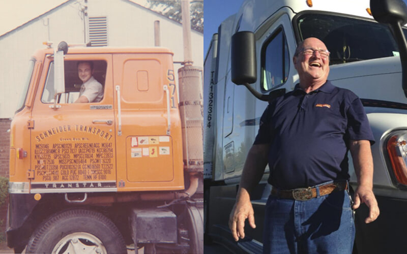 Schneider driver legend Bob Wyatt is shown in his first company truck in the 1970's and after becoming Schneider's longest-tenured driver 45 years later.