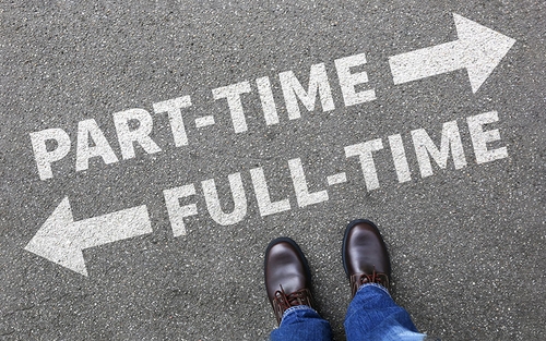 The word 'part-time' with an arrow pointing to the right and the word 'full-time' underneath it with an arrow pointing to the left.