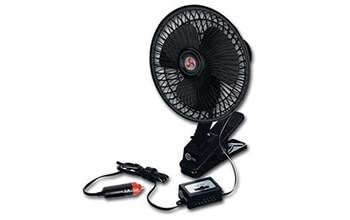A small, black portable fan with a 12-volt plug and mounting clip.