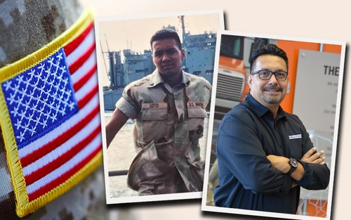 Robert Soto in his U.S. Marine uniform on the left and his headshot at Schneider on the right.