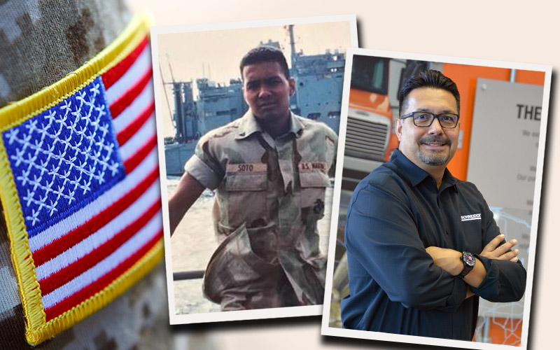 Robert Soto in his U.S. Marine uniform on the left and his headshot at Schneider on the right.