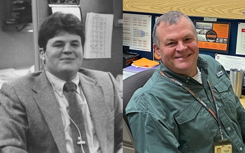 A then and now comparison shows Todd Jadin on his first day at Schneider and Todd in a cubicle over thirty years later.