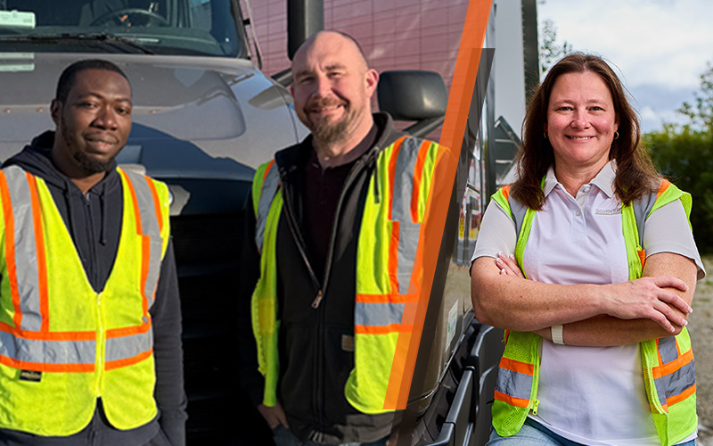 Two separate scenes divided by an orange line. On the left, two individuals stand in front of a vehicle, both wearing yellow high-visibility safety vests with orange stripes. On the right, one individual stands with arms crossed, also wearing a yellow high-visibility safety vest with orange stripes over a white shirt. 