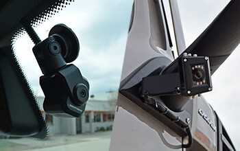 Two SmartDrive cameras are attached to the vehicle. The forward-facing camera is attached to the windshield of the new 2022 truck and the rear-facing camera is attached to the passenger side mirror of the truck. Both cameras do not face the driver.