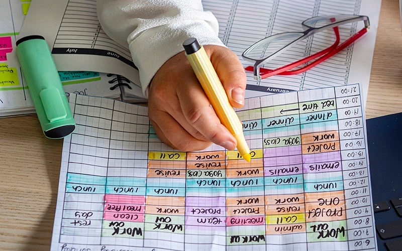 A person's hand holding a yellow marker, highlighting rectangular boxes on a piece of paper.