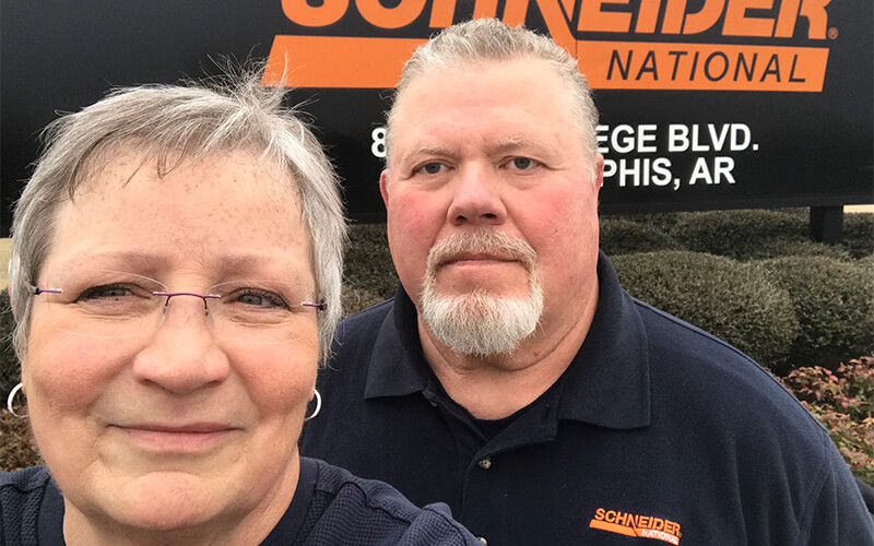 Sharon and Joe pose for a selfie outside of Schneider's Memphis facility.