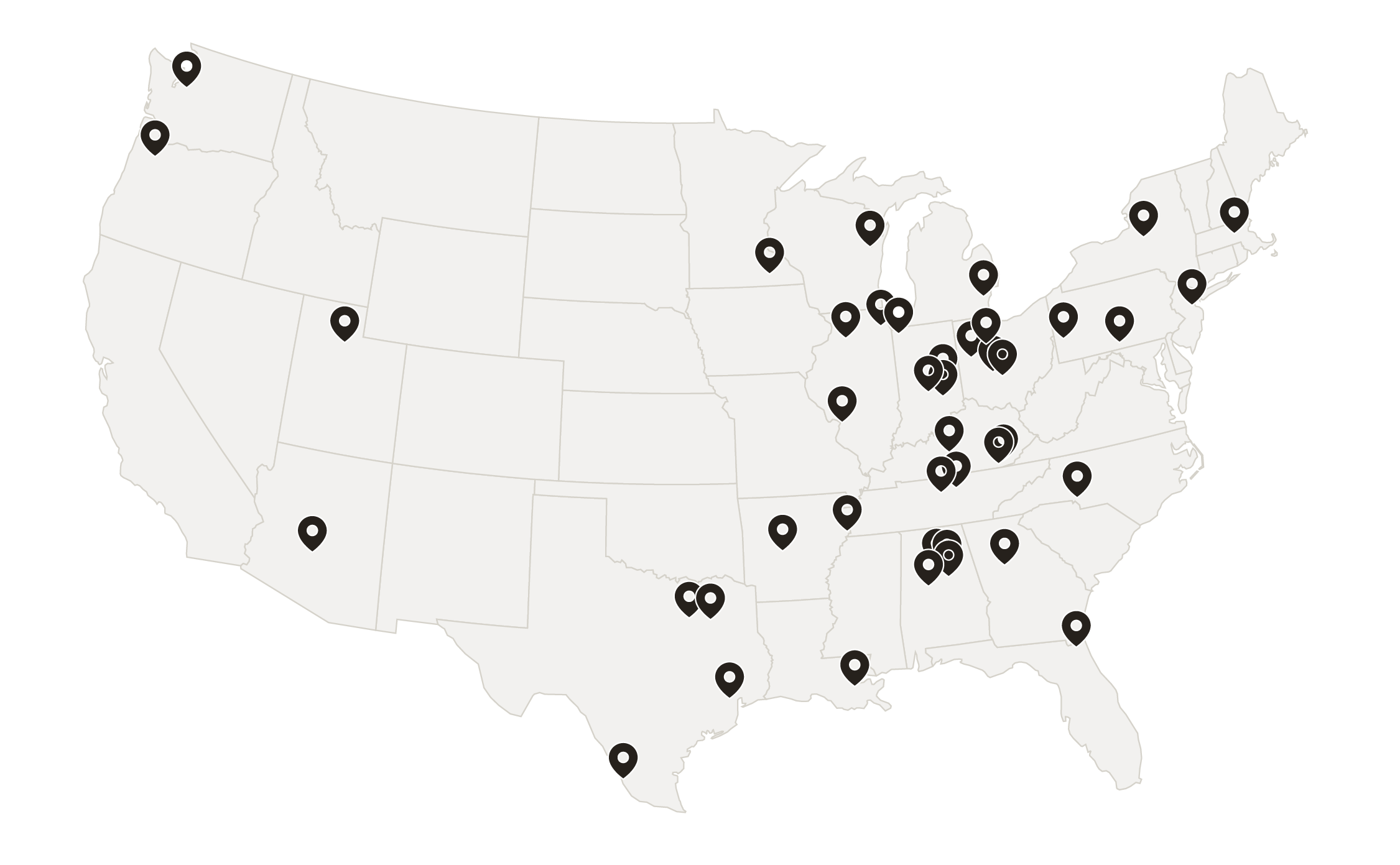 A map of Schneider maintenance facilities across the U.S.
