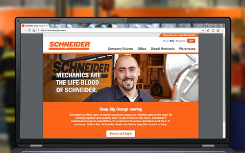 A screenshot of the diesel technician homepage on SchneiderJobs.com