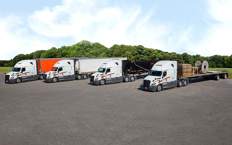 Schneider Dedicated trucks line up in a parking lot.