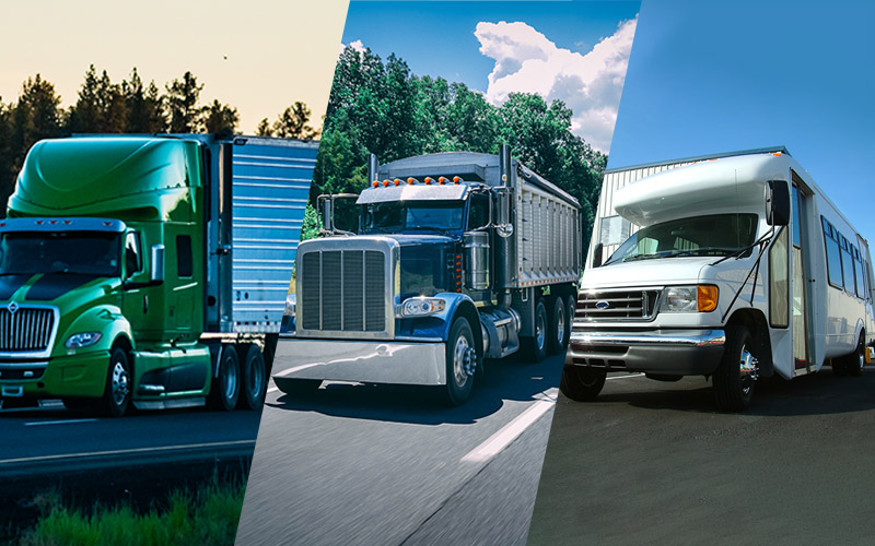 Images of a semi-truck, straight truck and shuttle bus next to each other, showing examples of a Class A, B and C CDL vehicle. 