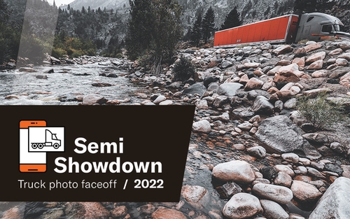 Text saying "Semi Showdown truck photo faceoff 2022" appears on a black rectangle in front of a scene of a Schneider semi-truck driving past a rocky river.