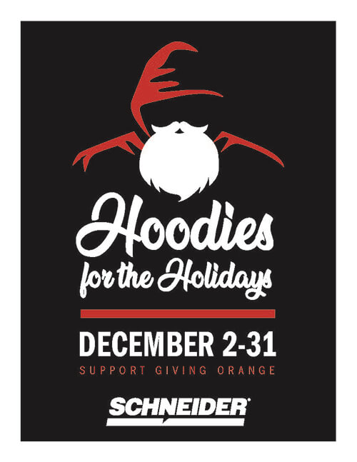 A hooded figure in red sports a big white "Santa" beard with text, "Hoodies for the Holidays December 2 to 31. Support giving orange."