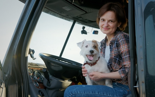 A truck driver sitting with their dog on their lap in the driver's seat of their cab.