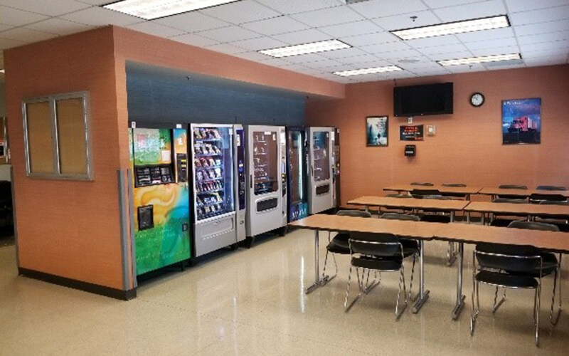 Vending machines line a wall of the driver lounge at Schneider's Edwardsville facility.