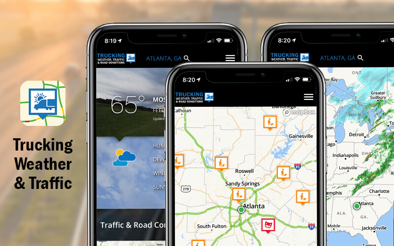 Snapshots of the Trucking Weather & Traffic app show a range of available functions.