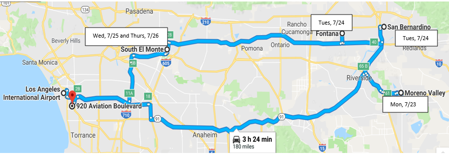 A map shows the team's route with a stop at Moreno Valley on July 23, San Bernardino and Fontana on July 24, South El Monte on July 25 and 26 and finishing in Los Angeles.