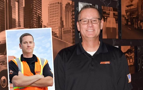 A before-and-after shows a young Jeff O'Hern working as a Schneider Intermodal truck driver versus present-day Jeff working  at the company's corporate headquarters.