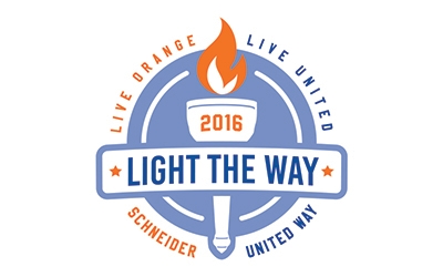 2016 Schneider and United Way partnership logo with text "Live orange. Live united. Light the way."