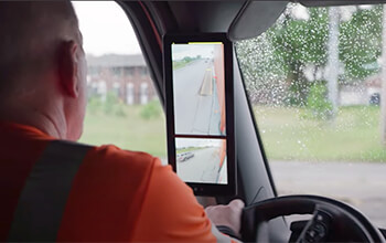 A man wearing a reflective orange shirt sits in the cab of a semi-truck and is looking at the MirrorEye monitors which are attached to the A pillar of the semi-truck.